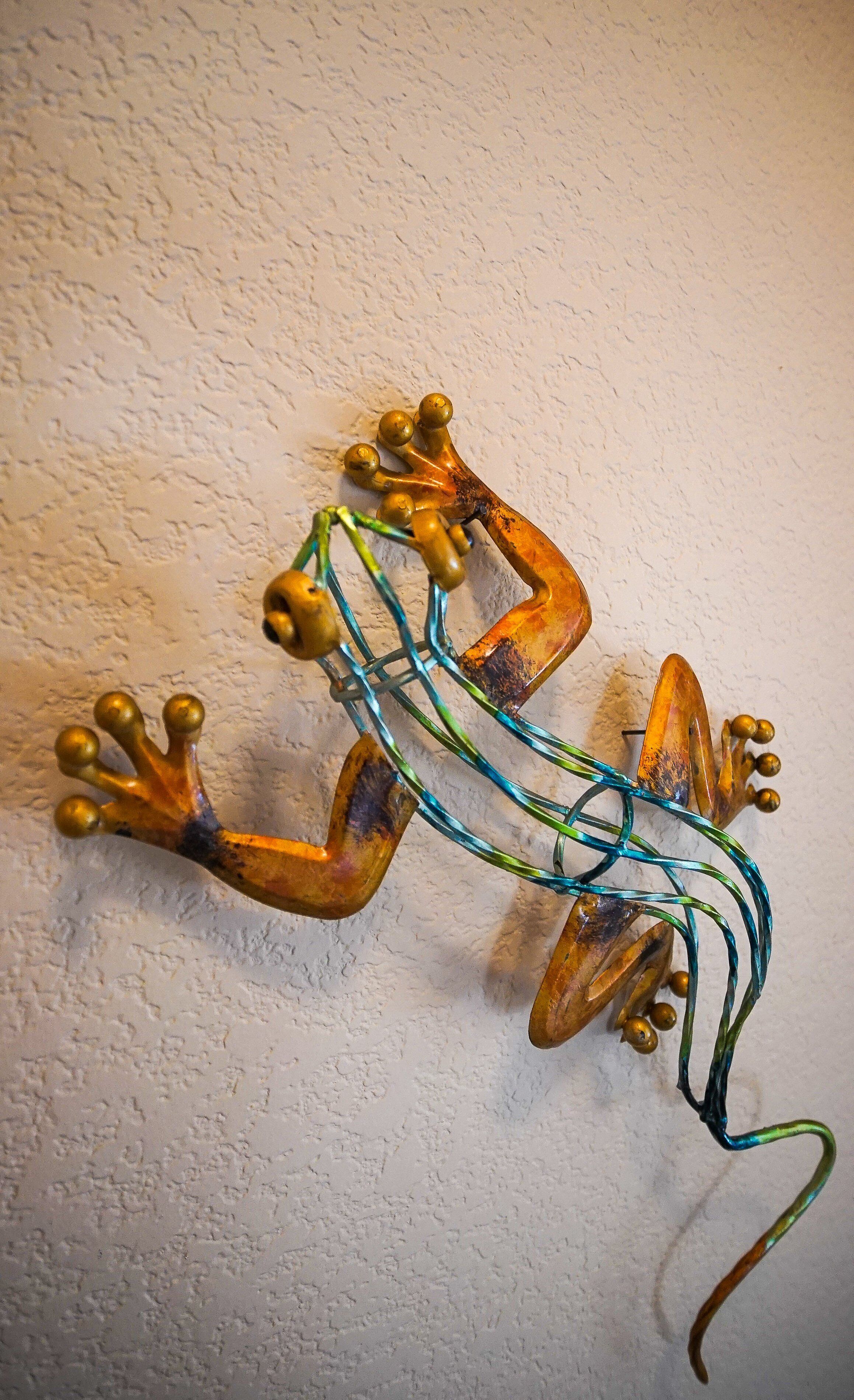 A wall-mounted sculpture of a frog with a long tail, featuring a textured wall background.