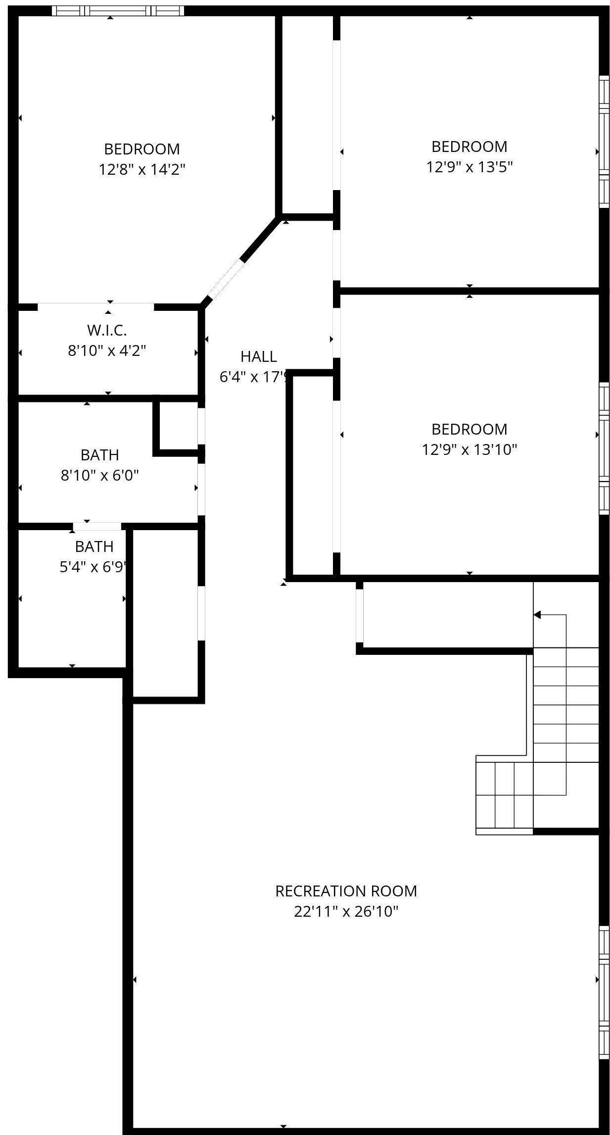 A floor plan with three bedrooms, two bathrooms, a hall, and a recreation room.