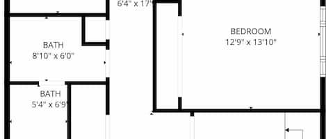 A floor plan with three bedrooms, two bathrooms, a hall, and a recreation room.