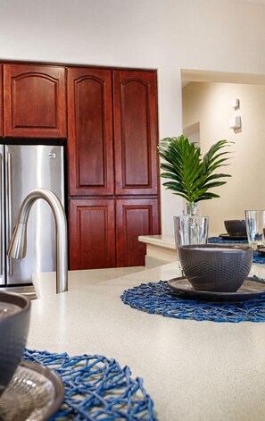 A modern kitchen with wooden cabinets, stainless steel appliances, and a blue woven placemat. - Lynx Chandler/ocotillo (Chandler)