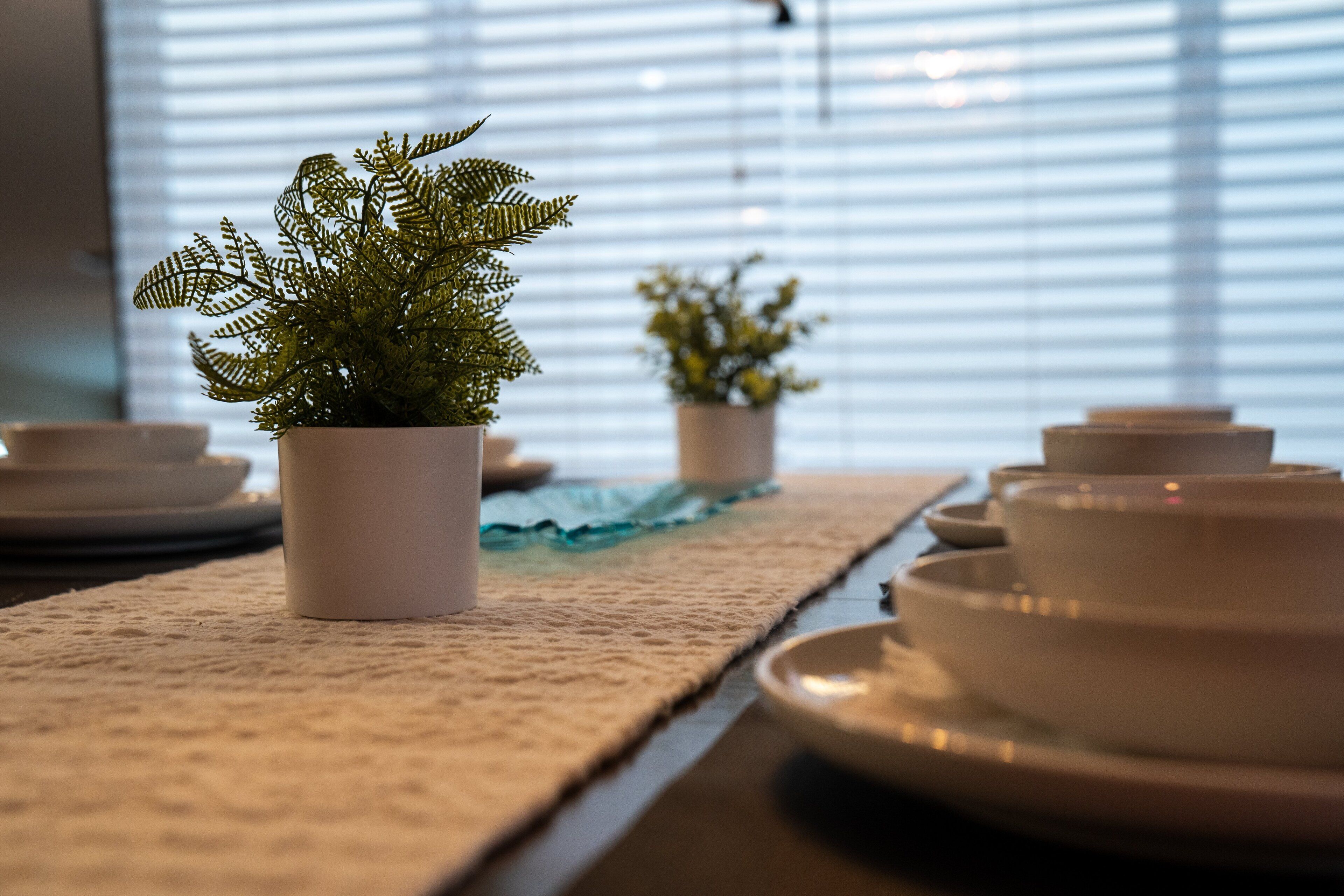 A dining table with white plates and bowls, a small potted plant, and a textured table runner.