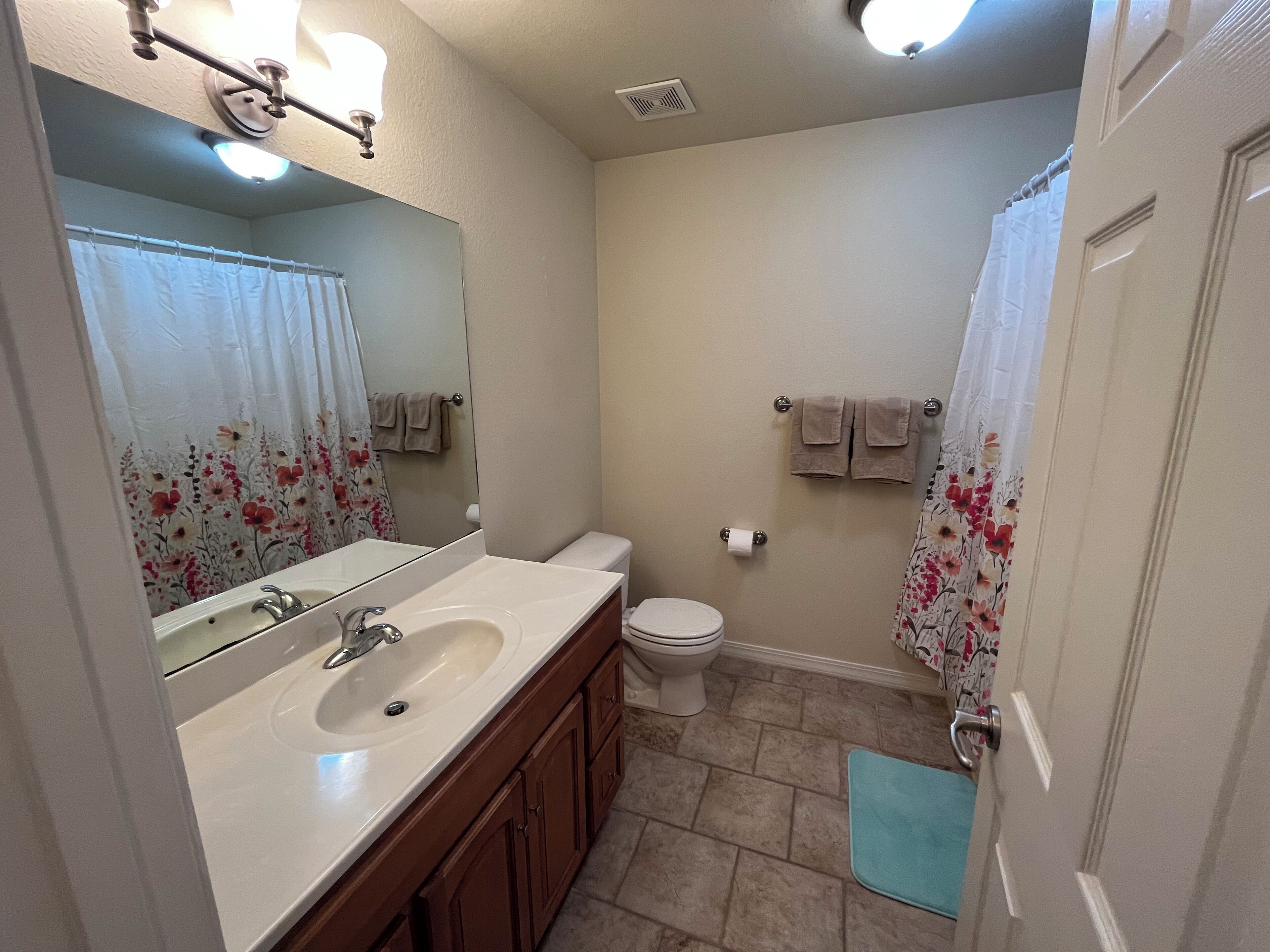 Shower, hair dryer, towels, toilet paper
