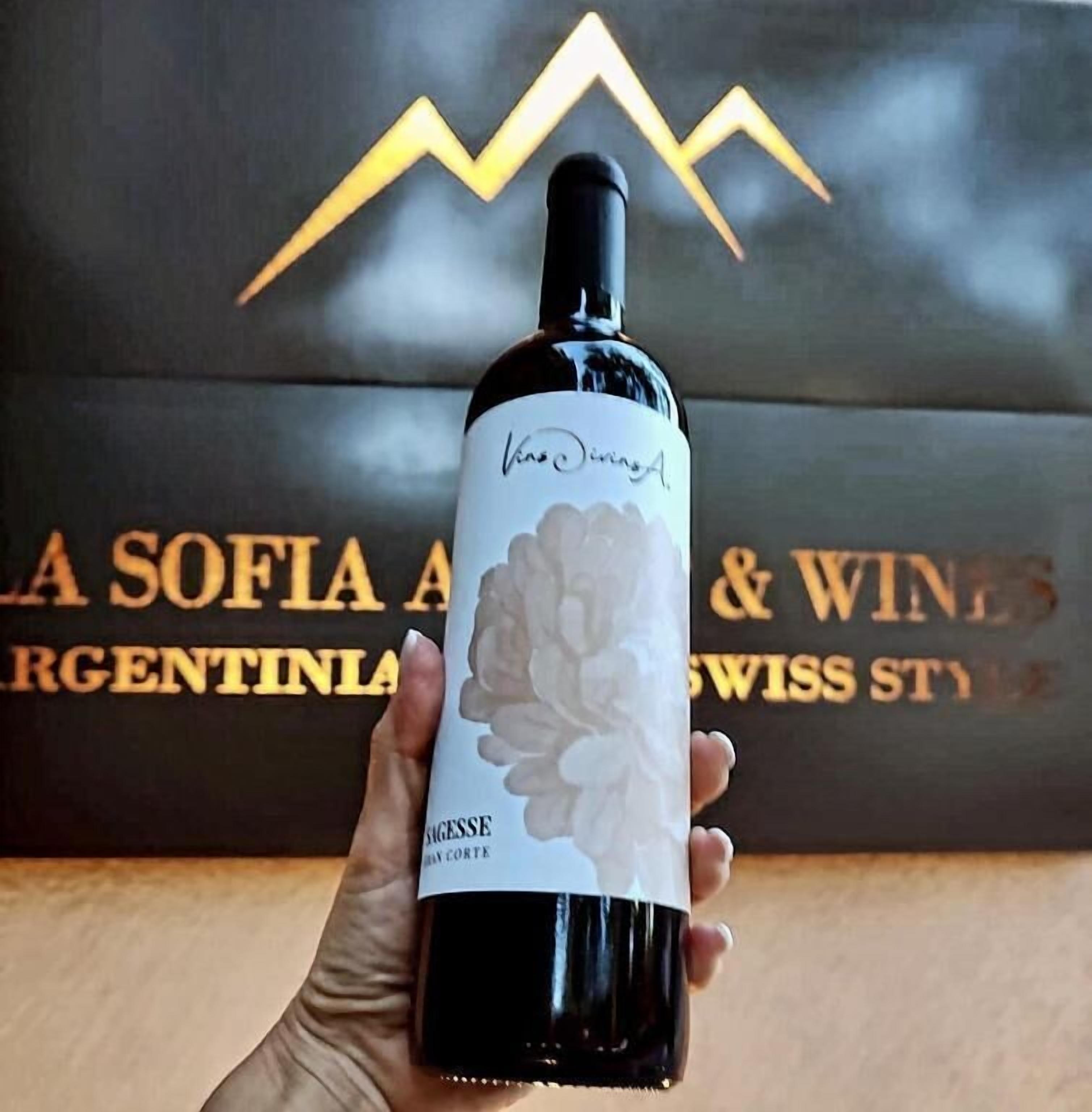 A hand holding a bottle of wine with a label that reads "Vino D'Italia." In the background, there is a sign with the text "LA SOFIA A & WINES SWISS STY."