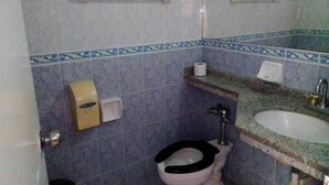 Een badkamer met toilet, wastafel en handdroger.