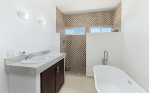 Hair dryer, towels, soap, shampoo