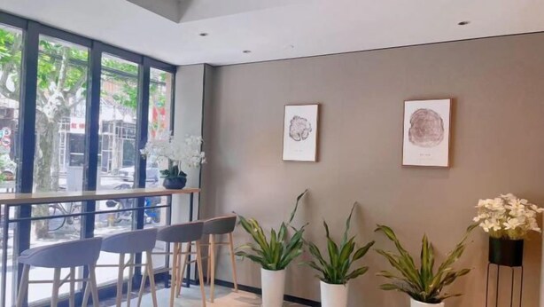 Un intérieur moderne avec un coin salon, des plantes en pot et des œuvres d’art accrochées au mur.
