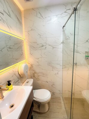 Dusch, regndusch, tvål och toalettpapper