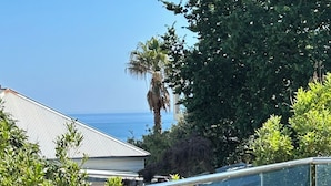 Une terrasse en bois avec une rambarde en verre donnant sur un jardin et un bâtiment doté d’un toit en métal.
