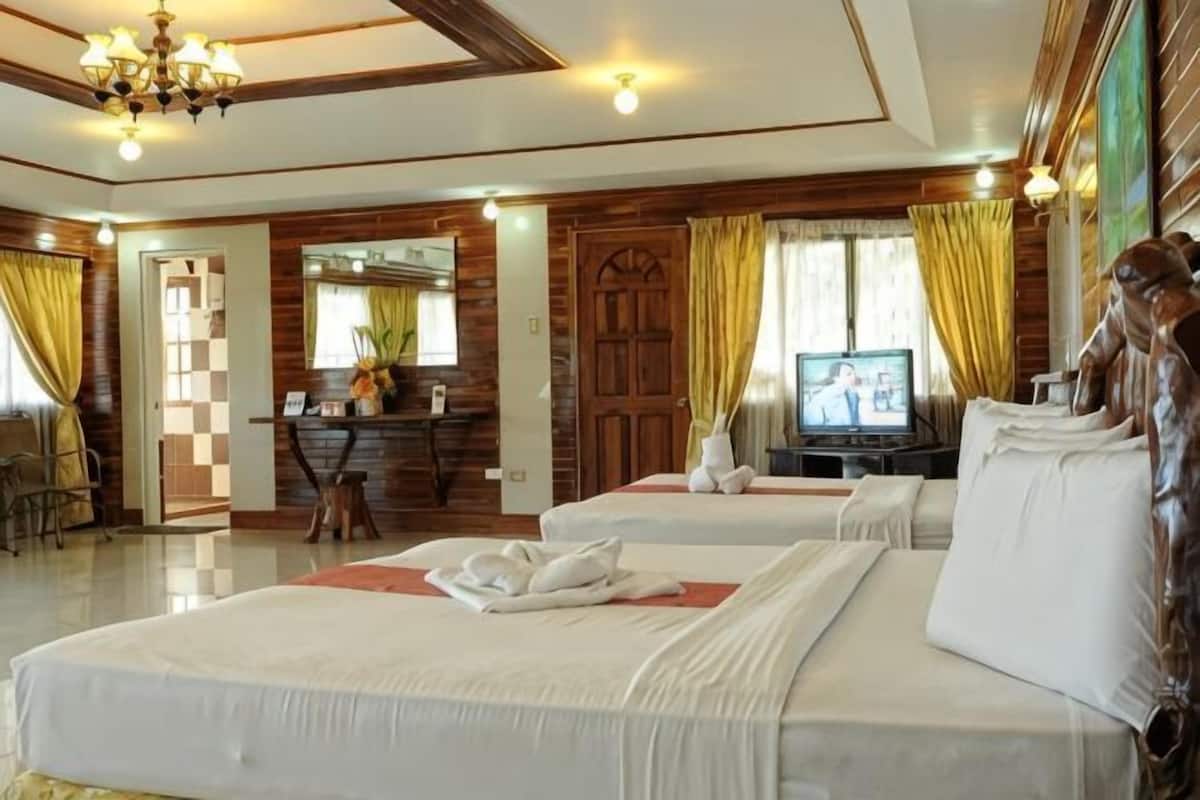 Une chambre d’hôtel avec deux lits, une télévision, un bureau avec une chaise et un miroir.