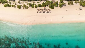 Luchtbeeld van een strand met helder turquoise water, een zandstrand en verspreide begroeiing.