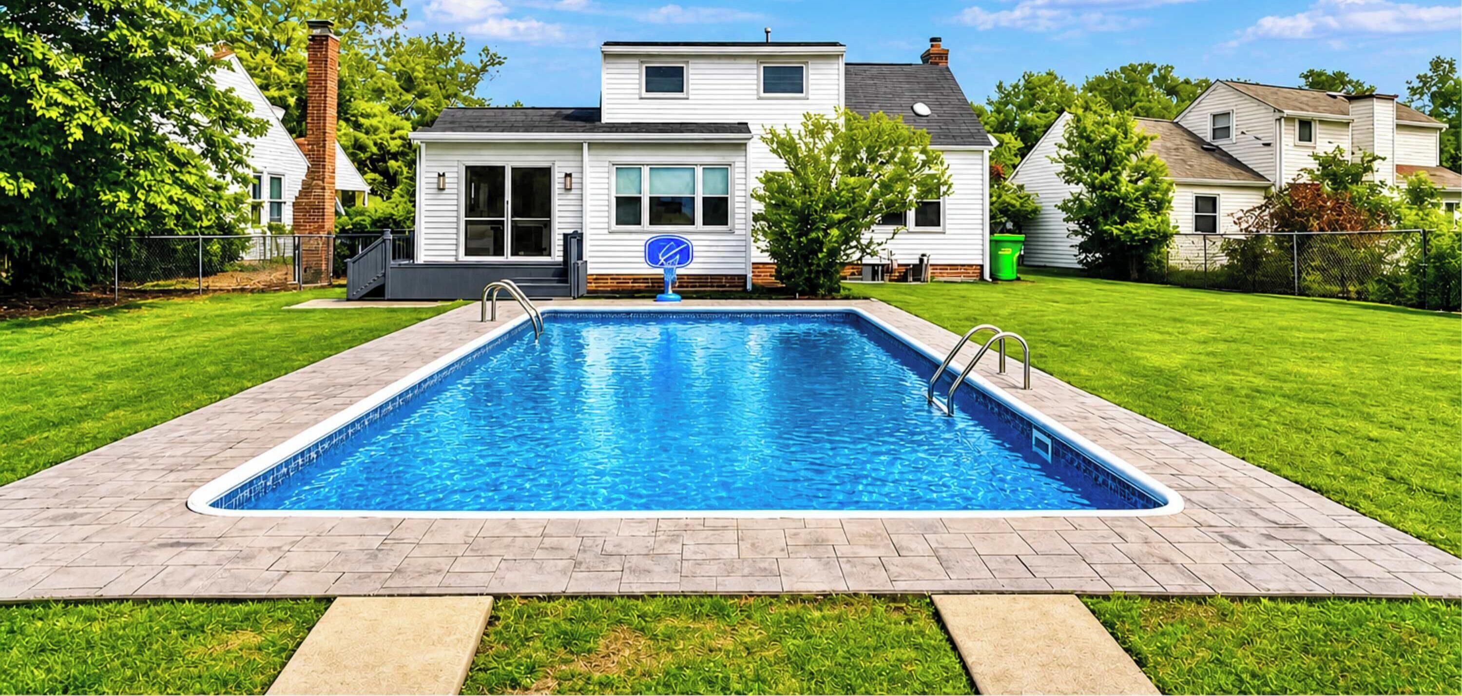 Ein rechteckiger Pool mit Ziegelbordstein, umgeben von einem gepflegten Rasen und einem Haus im Hintergrund.