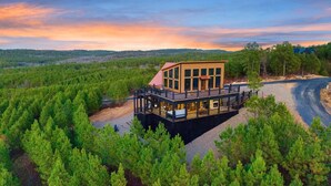 Une maison moderne à deux étages, dotée d’une terrasse et entourée d’une forêt dense.