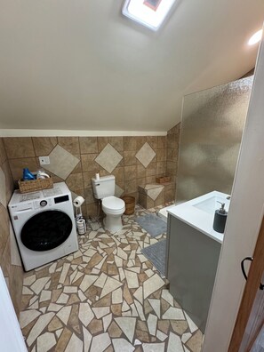A bathroom with a washing machine, toilet, and sink. - Historic Charm on the Lake Stay by a 475 Year-Old Oak with Private Dock BoatRamp (Chapin)