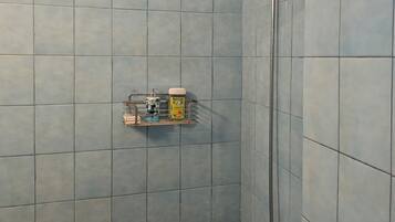 Ducha, toallas, jabón y champú