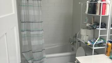 Hair dryer, towels, soap, shampoo