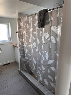 Douche, serviettes fournies, savon, papier toilette