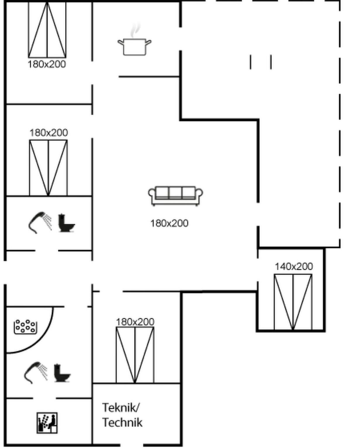 A floor plan with various rooms, including a kitchenette, a bathroom, and a living area.