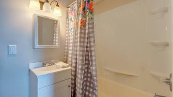 Hair dryer, towels, soap, toilet paper
