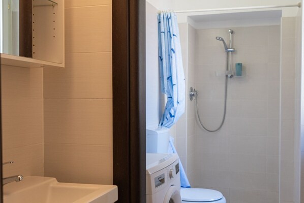 A bathroom with a shower, toilet, and a bathtub.