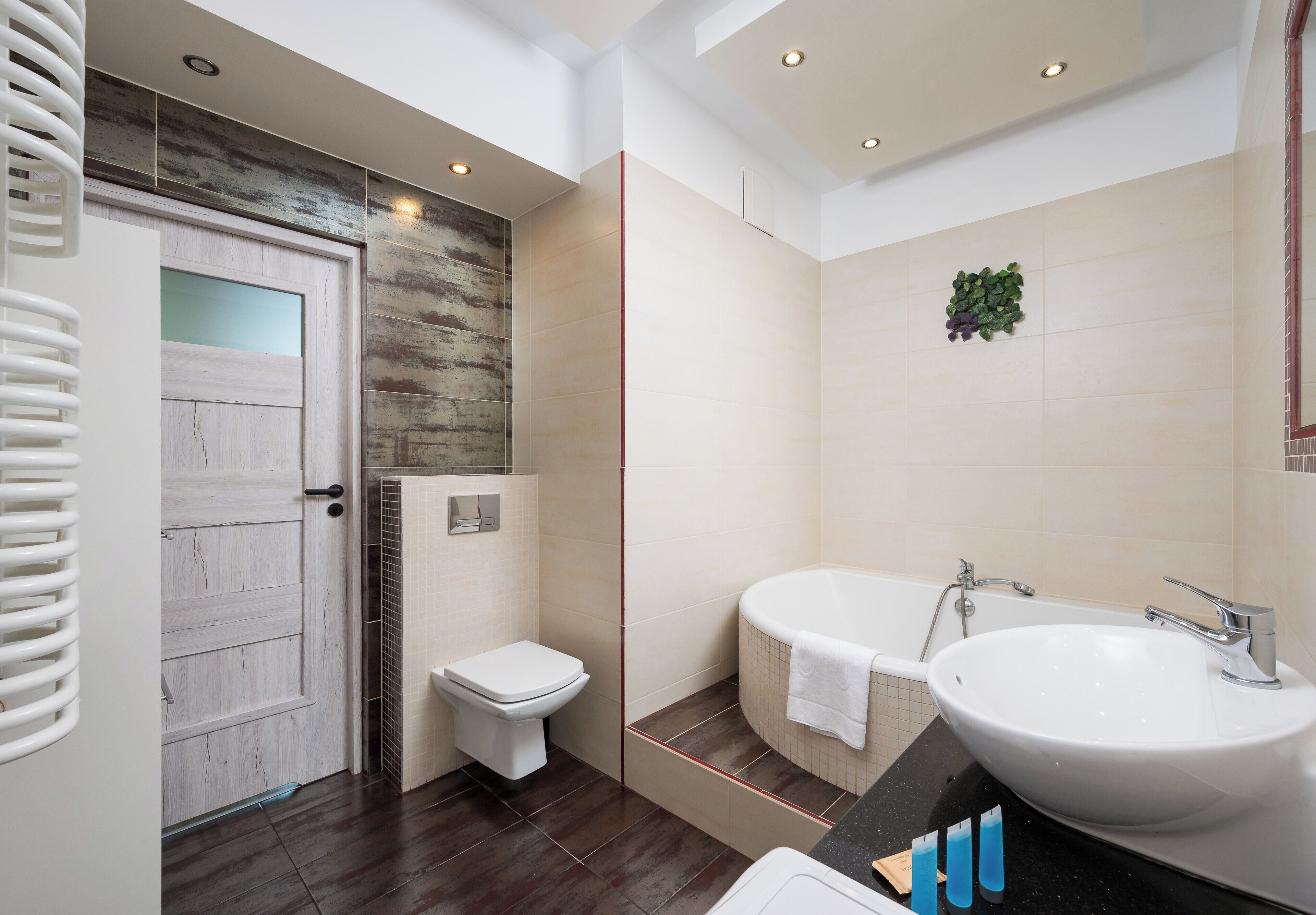 Hair dryer, towels, soap, shampoo