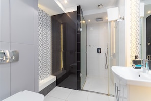Shower, hair dryer, towels