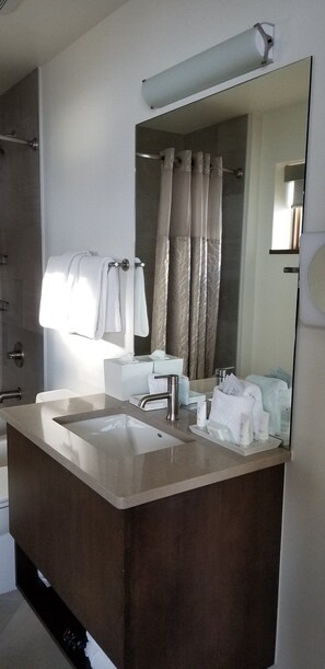 Hair dryer, towels, soap, toilet paper