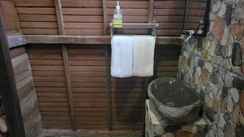 Shower, towels, soap, toilet paper