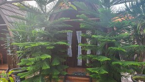 A wooden structure with a thatched roof, surrounded by lush green ferns and palm trees. - Jambu Guest House  (Penida Island)
