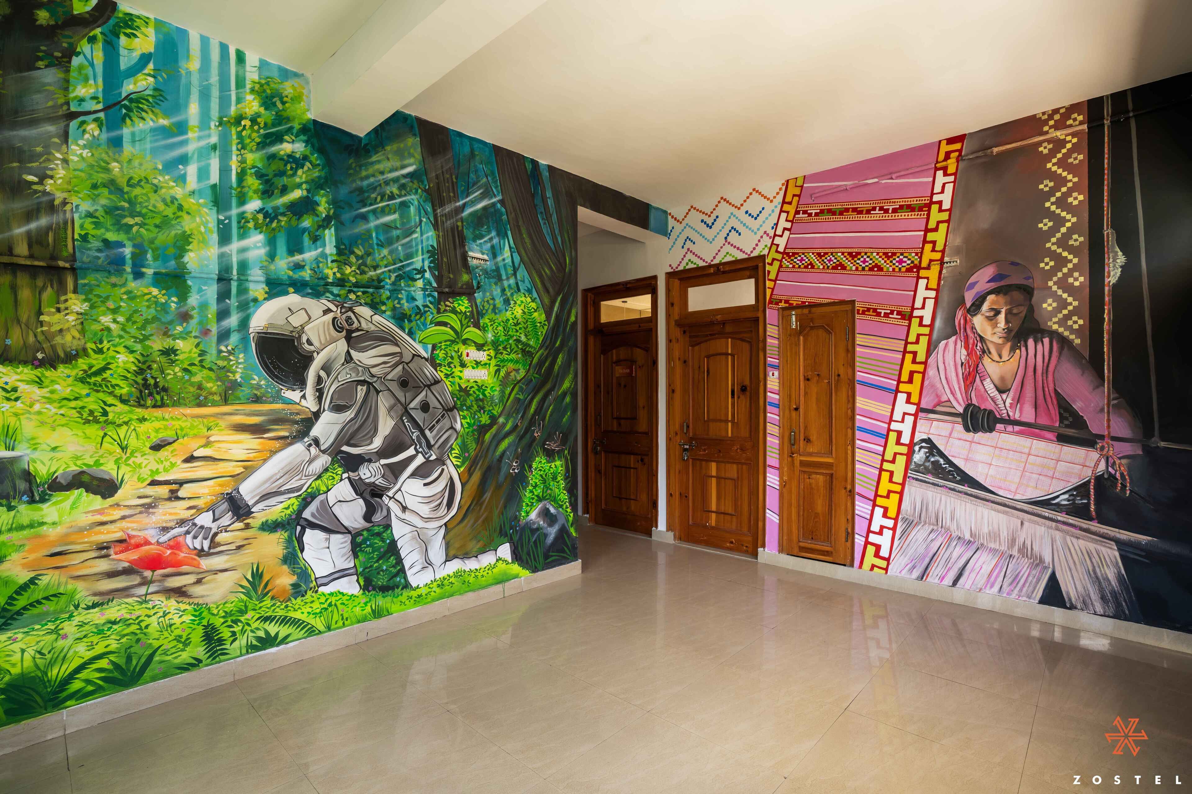 A hallway with a mural of an astronaut in a forest, a traditional weaving pattern, and wooden doors.