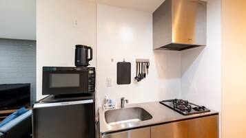 Fridge, microwave, stovetop, cookware/dishes/utensils