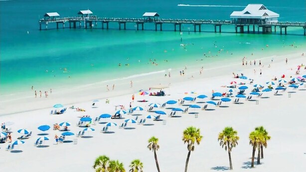 Una playa con un muelle que se adentra en el océano, con varios sombrillas y palmeras.