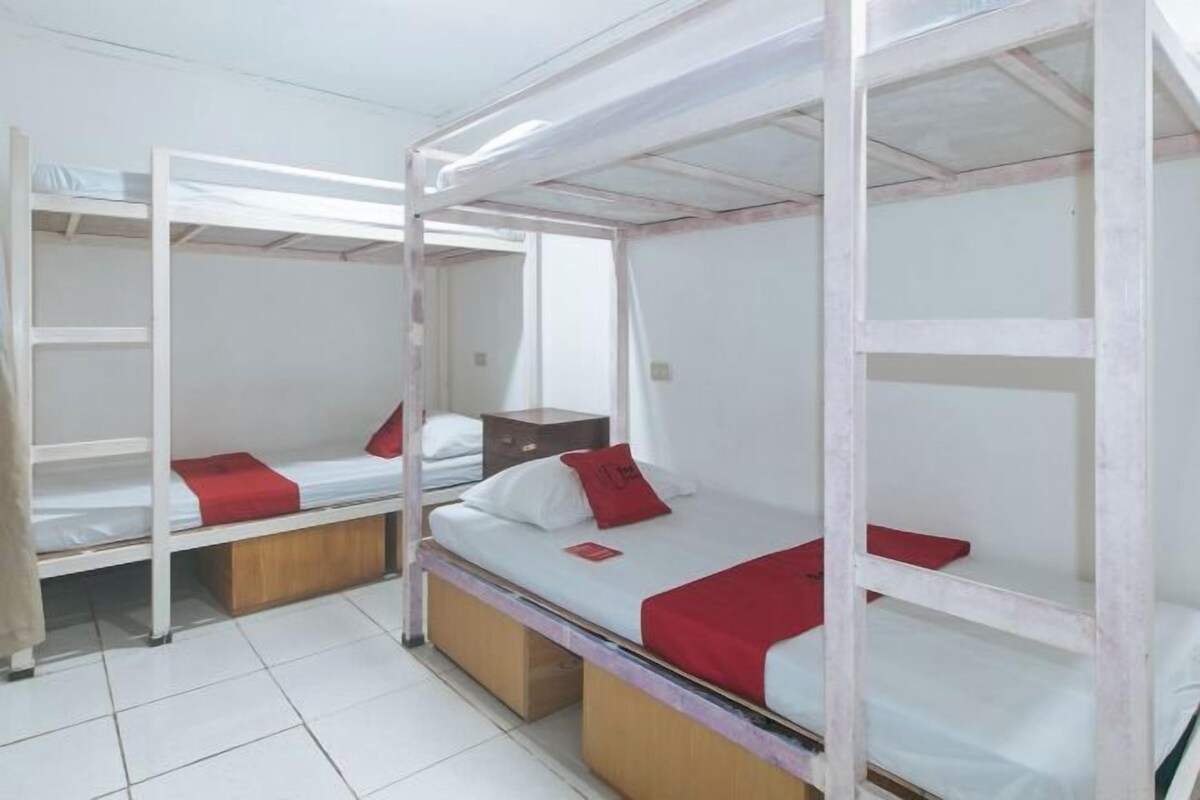 A room with bunk beds, each with a wooden platform and a mattress.
