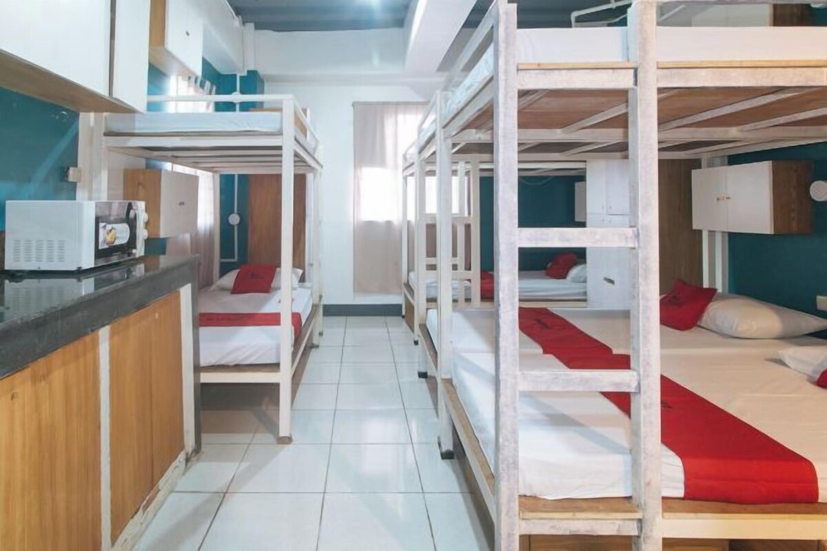 A hostel room with bunk beds, a kitchenette, and a bathroom.