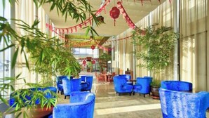 Un espace intérieur vaste et lumineux, avec des chaises bleues et des plantes en pot, doté d’un plafond haut et de grandes fenêtres.