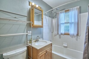 Hair dryer, towels, soap, shampoo