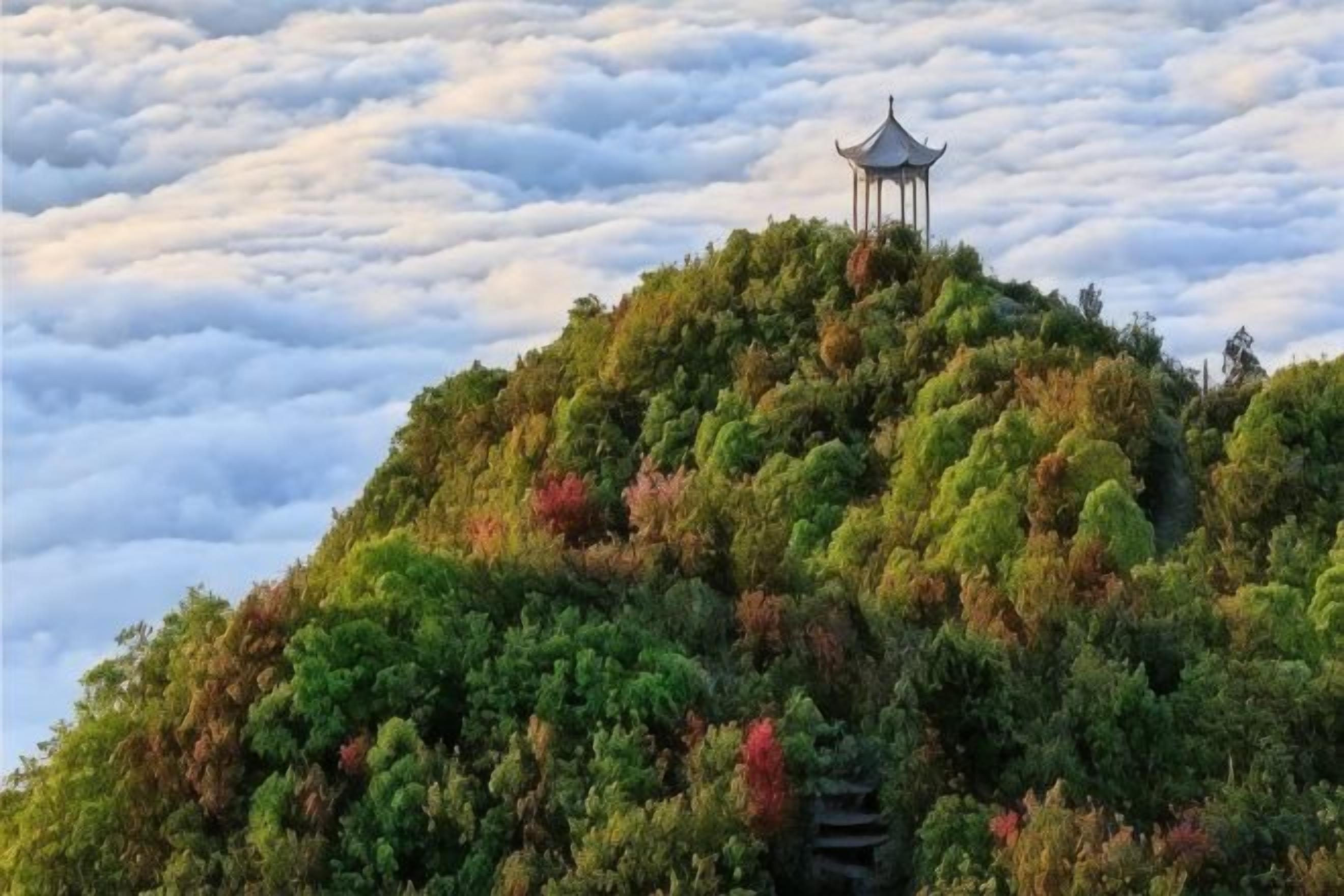 Una pagoda en la cima de una colina, rodeada de abundante vegetación.