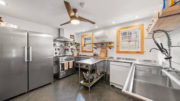 Fridge, microwave, coffee/tea maker, cookware/dishes/utensils