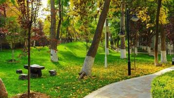 A park with a paved path, benches, and trees.
