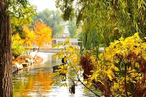 A serene riverside scene with a bridge and trees in autumn colors. - Ningwozhuang Hotel (Building 1) (Lanzhou)