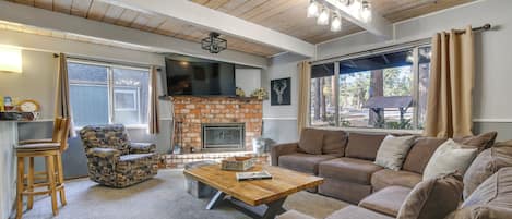 TV, fireplace, books