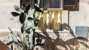 A building facade with a window, shutters, and a cactus plant in a pot. - Le dimore del mito - Atalanta (Syracuse)