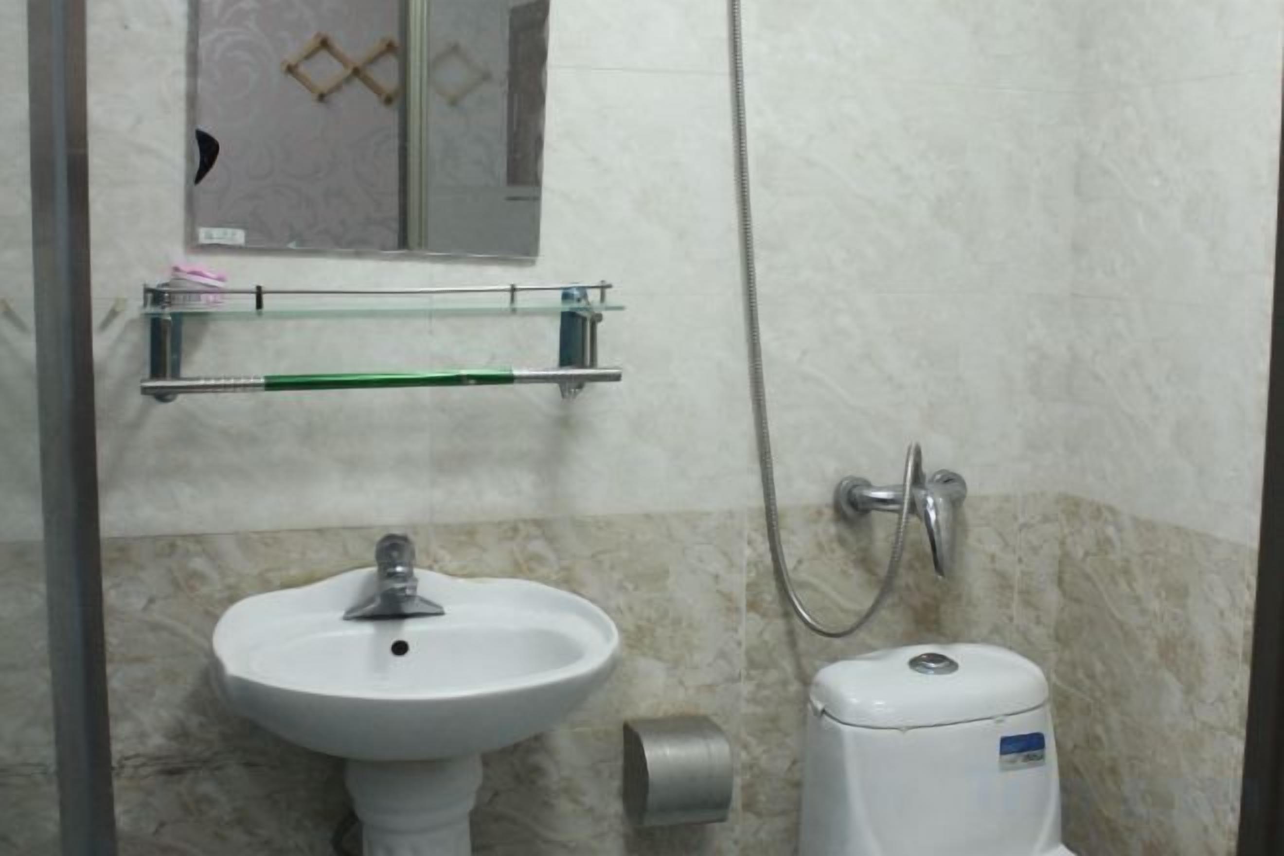 Kylpyhuoneessa on jalkapallipylväsallas, wc-istuin, allasta vasten oleva lasihylly ja suihkutila.