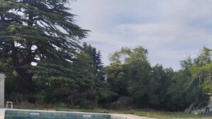 A swimming pool with clear water, surrounded by trees and a stone border. - Mas Provençal à 10 Minutes de Nîmes. Animaux de Compagnie Acceptés ! (Générac)