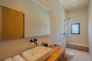 Room, Kitchen | Bathroom | Shower, rainfall showerhead, free toiletries, towels - Ambhara X Apartment by Betterplace (Kerobokan)