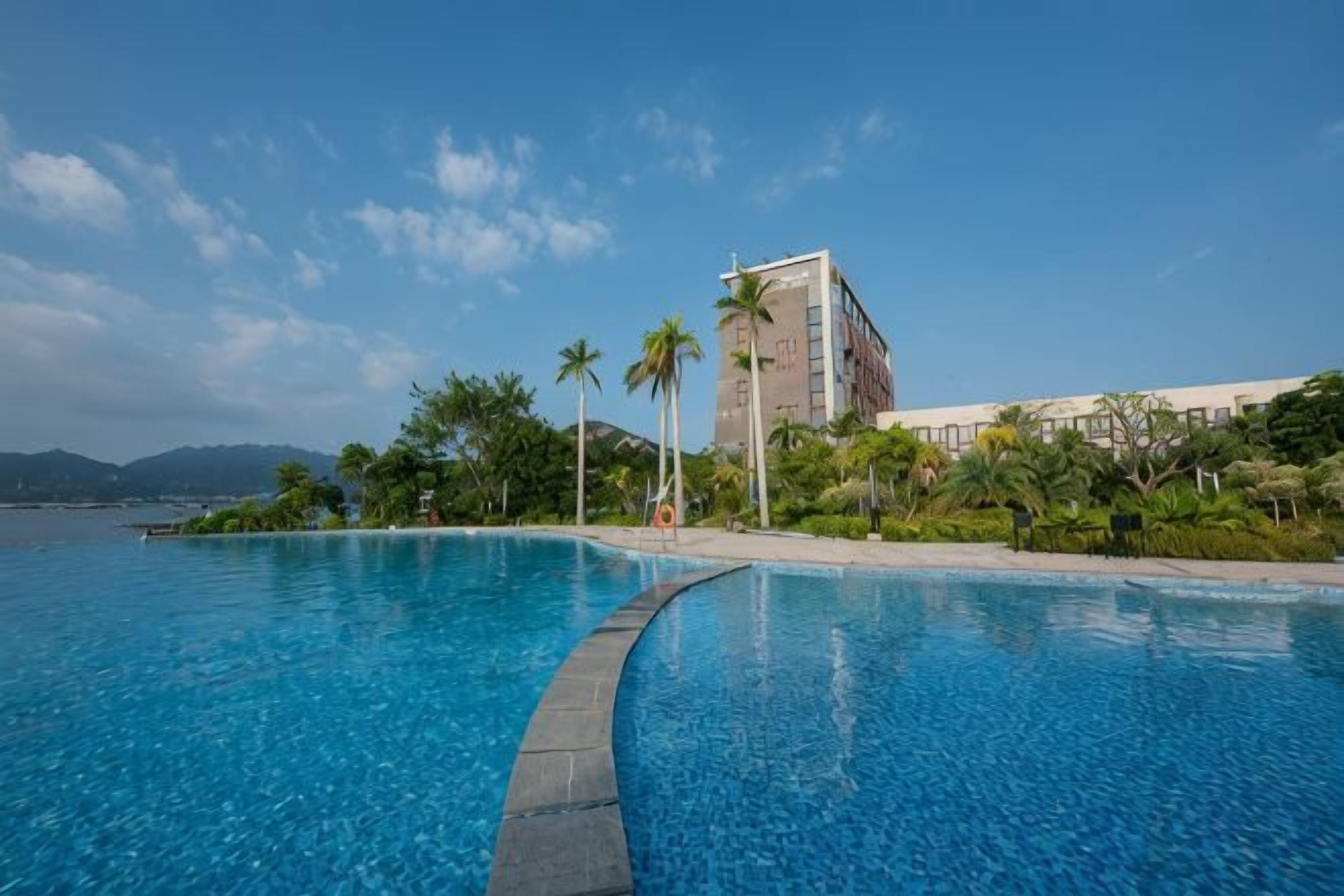 Una piscina azul cristalina con borde curvo, rodeada de palmeras y un edificio con fachada blanca.
