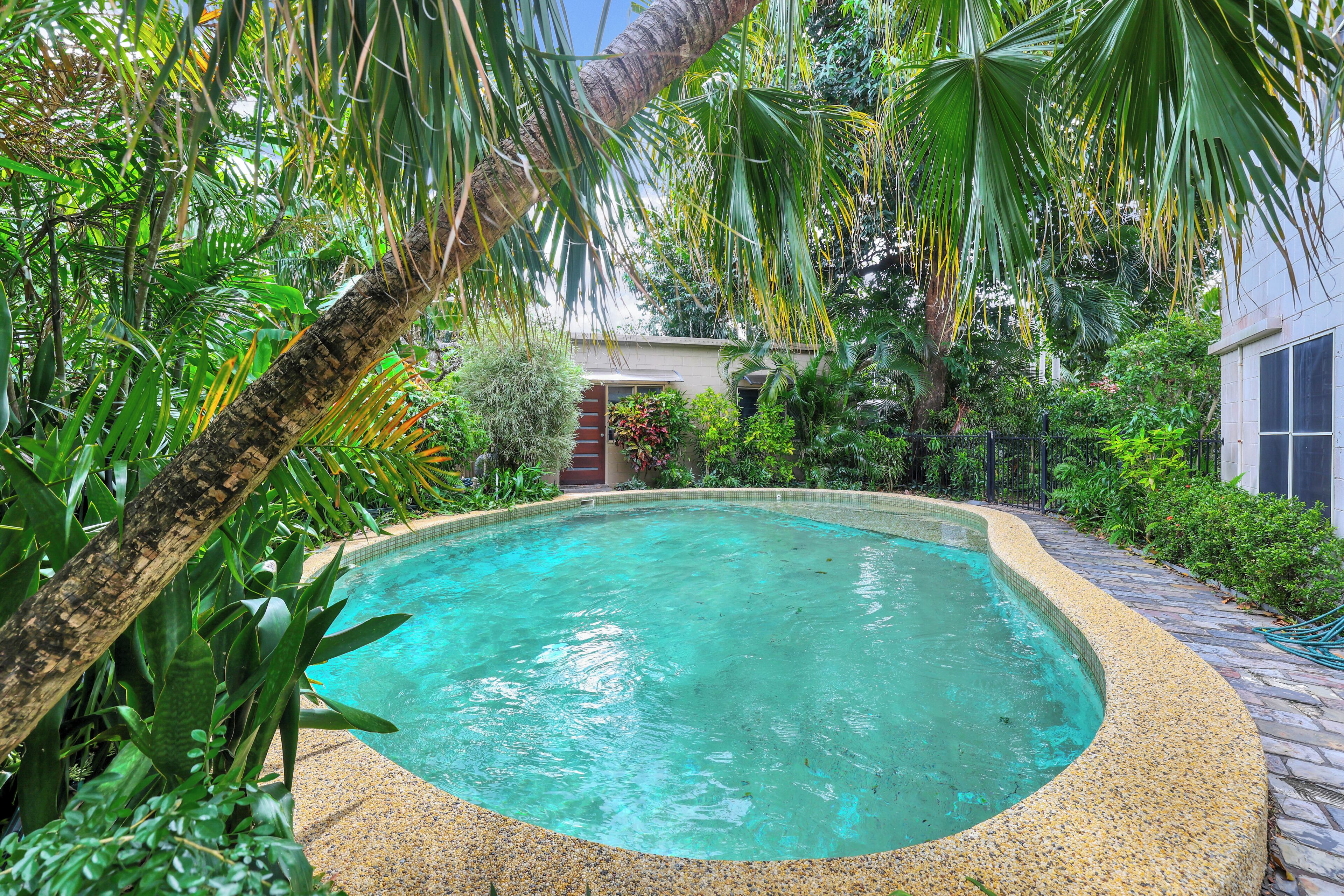 Uma piscina rodeada por vegetação exuberante e um caminho de pedra.