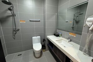 Une salle de bain avec des toilettes, un lavabo et une douche.
