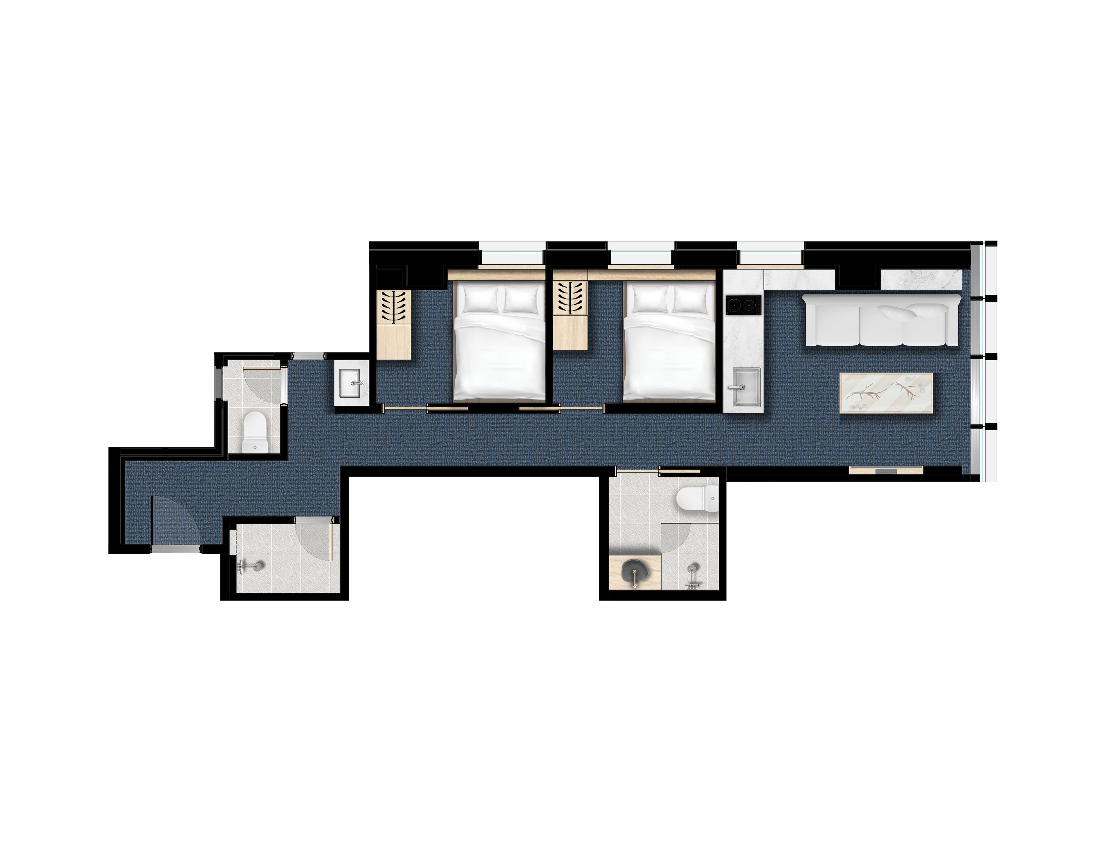 A hotel room layout with two beds, a bathroom, and a sitting area.