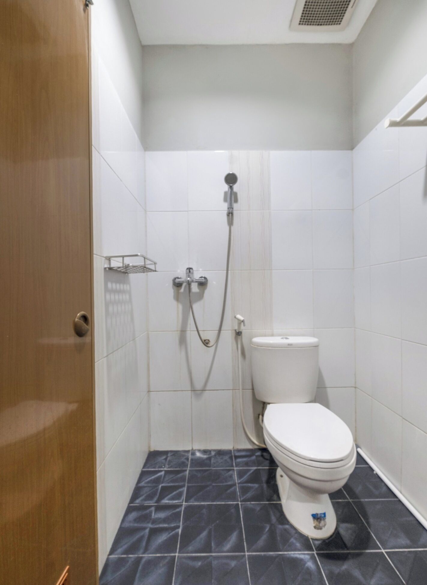 Een kleine, praktische badkamer met toilet, douche en wastafel.