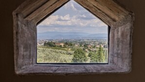 Une vue à travers une fenêtre à cadre triangulaire, donnant sur un paysage avec des montagnes lointaines, une ville et des arbres dispersés.